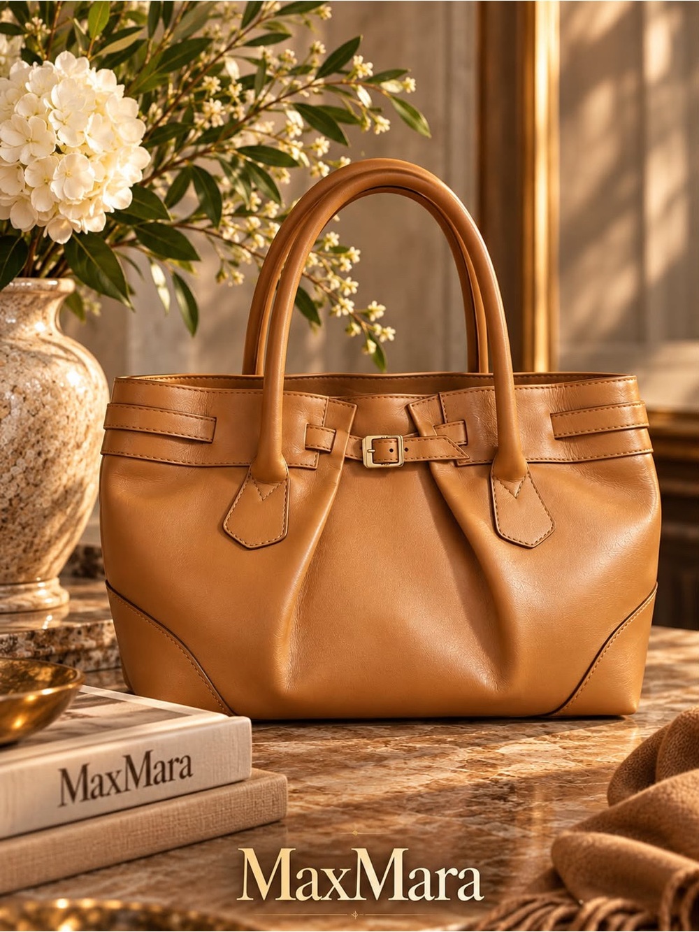 Max Mara Camel Brown Leather Belted Tote Bag